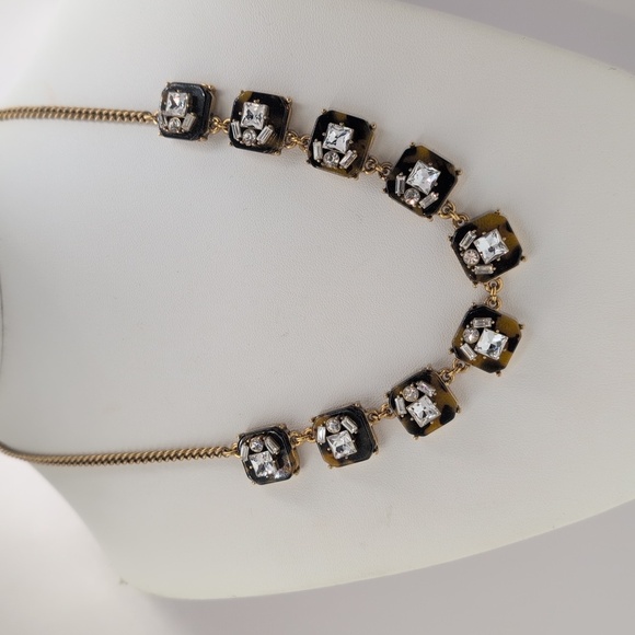 J Crew Gold Tortoise Shell Crystal Statement Necklace Womens Square Settings - Picture 7 of 9